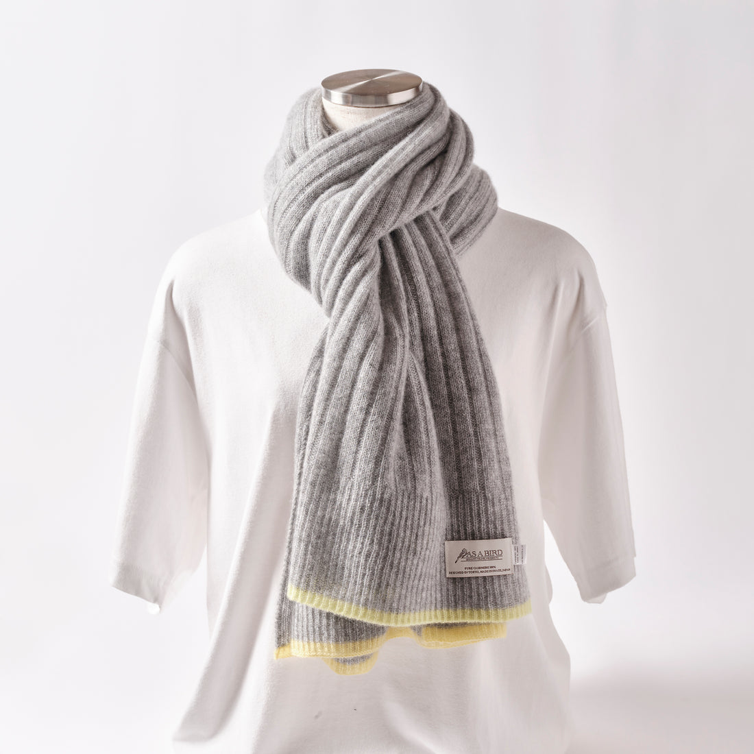 Cashmere Stole  “Helsinki” - Light Gray × Yellow × Lime