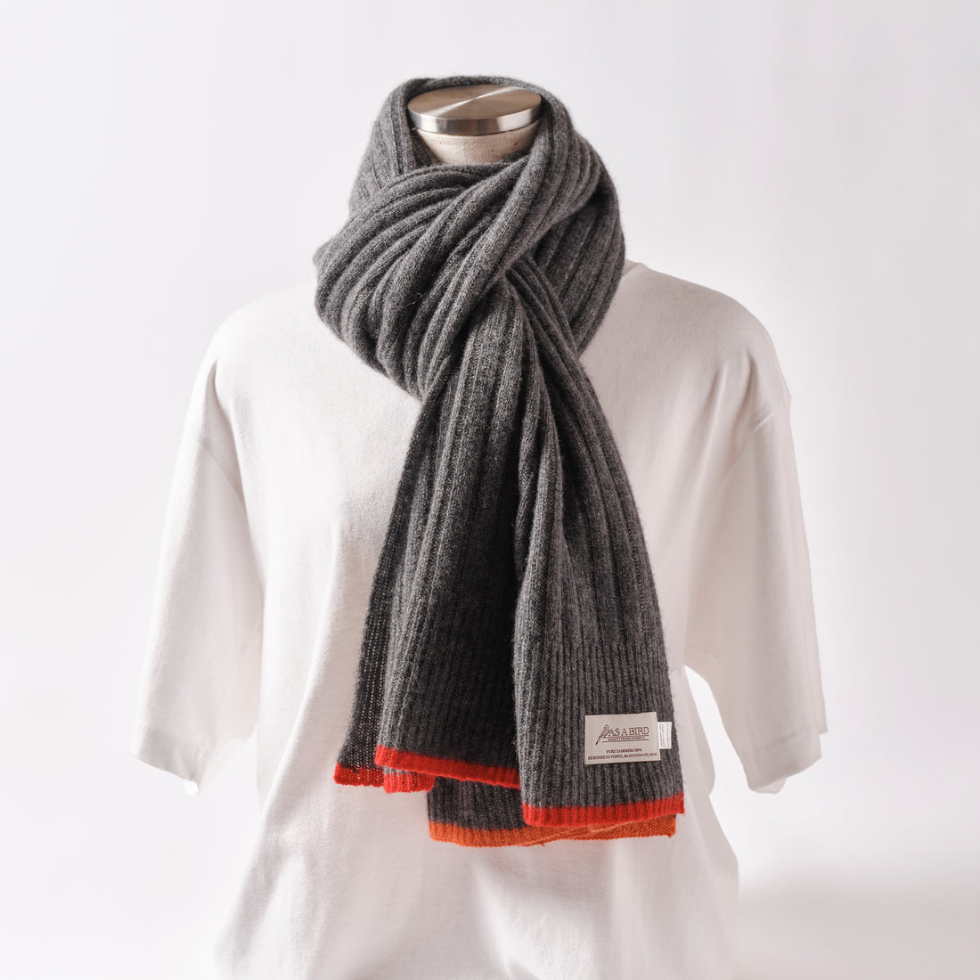 Cashmere Stole  “Helsinki” - Charcoal × Red × Orange