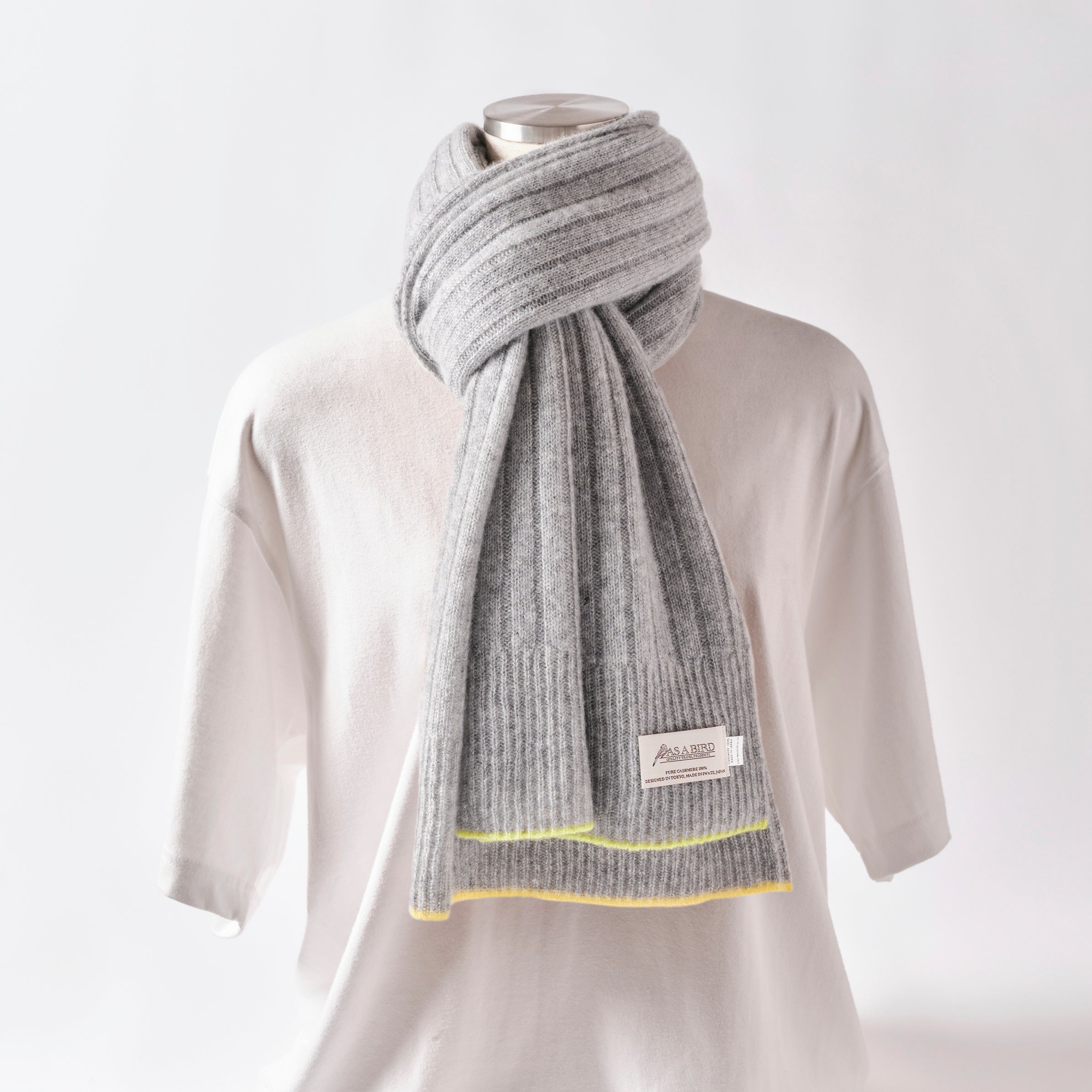 Cashmere Stole  “Helsinki” - Light Gray × Yellow × Lime