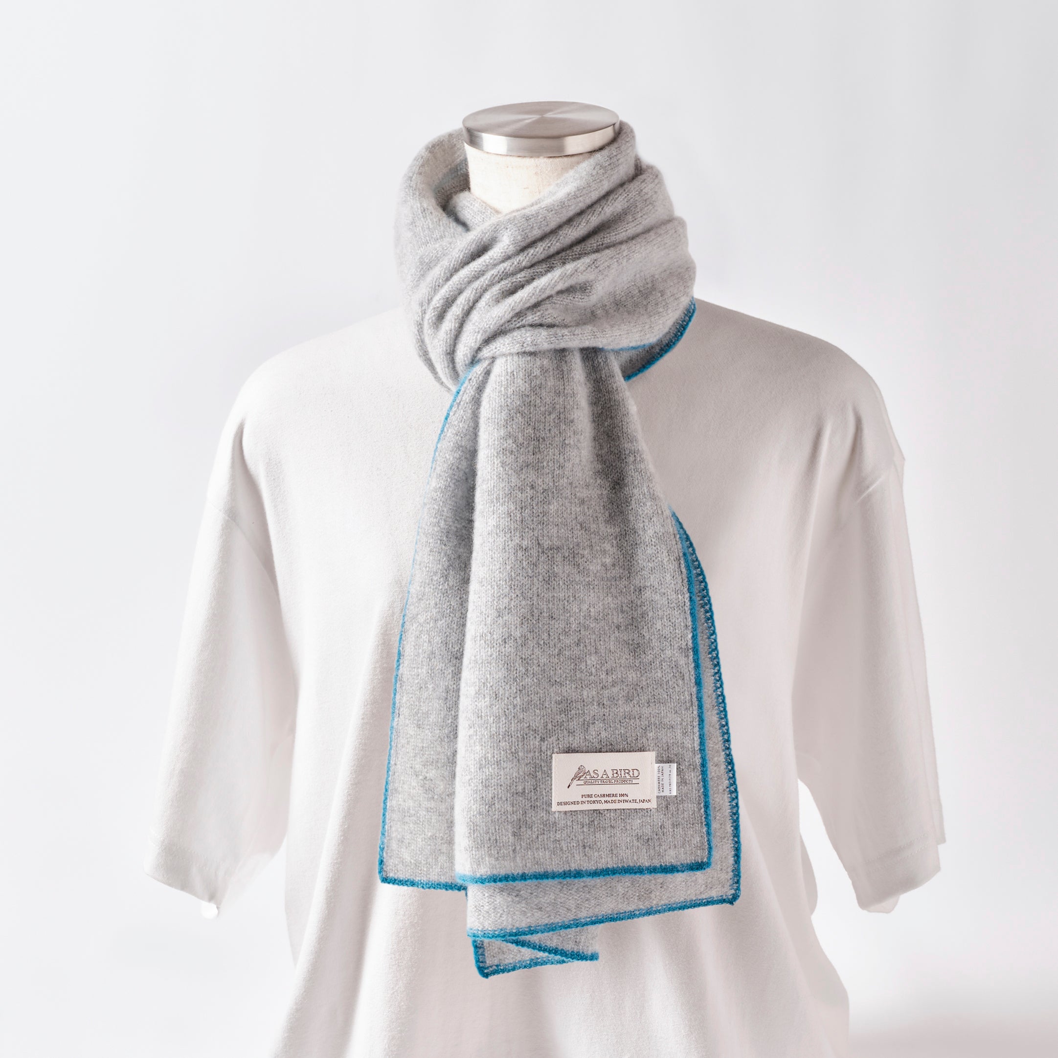 Cashmere Scarf  “Berlin” - Light Grey × Turquoise